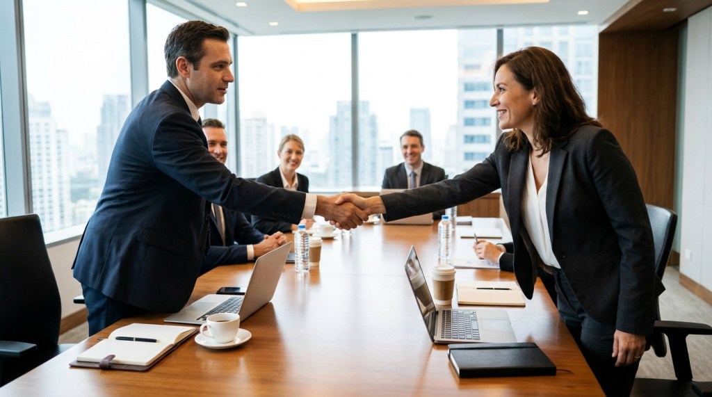 A photo of a handshake between two business people over a conference table